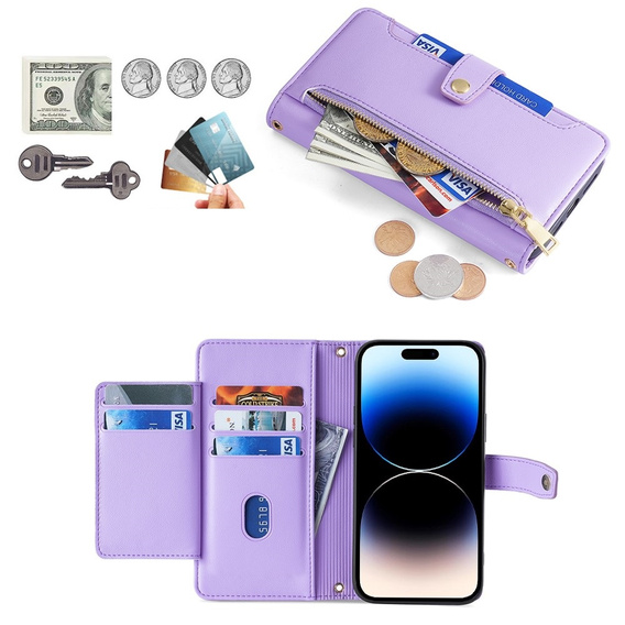 Klapkové puzdro pre iPhone 14 Pro, Wallet Zipper Pocket, fialové