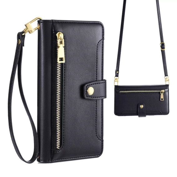 Klapkové puzdro pre iPhone 16E, Wallet Zipper Pocket, čierne