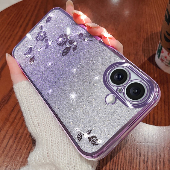 Puzdro pre iPhone 16, Glitter Flower, fialové