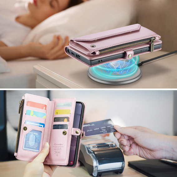 Puzdro CASEME pre Samsung Galaxy S25 FE, RFID Leather Wallet, s popruhom cez rameno, ružové