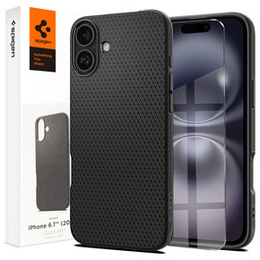 Puzdro Spigen pre iPhone 16, Liquid Air, čierne + tvrdené sklo 9H