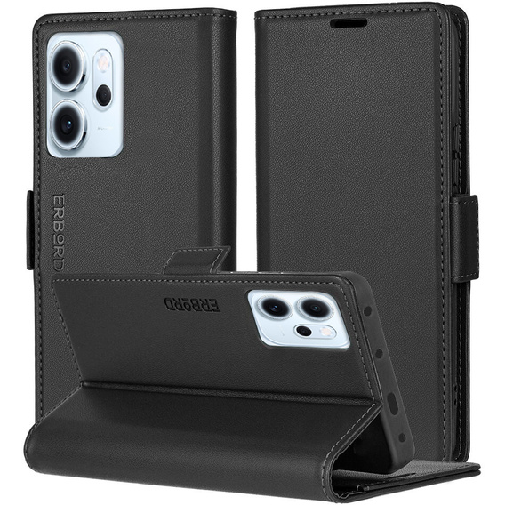Puzdro pre Oppo Reno 14 F / 14 FS, ERBORD Glossy Litchi, flipová peňaženka, čierne