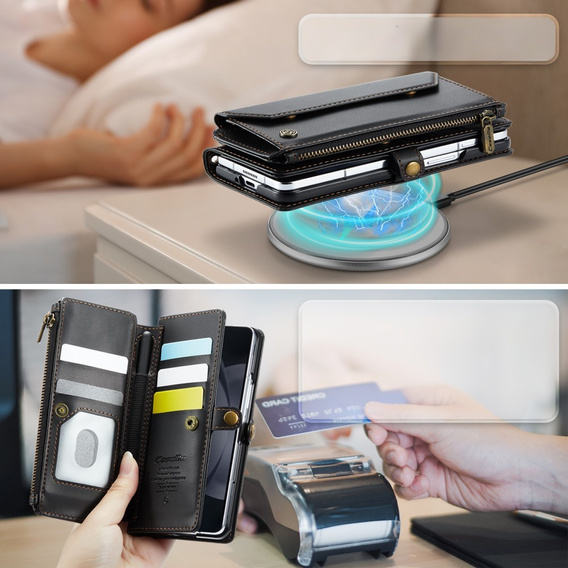 Puzdro CASEME pre Samsung Galaxy Z Fold6 5G, RFID Leather Wallet, s popruhom cez rameno, čierne