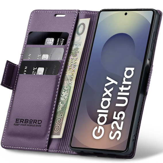 Puzdro pre Samsung Galaxy S25 Ultra, ERBORD Glossy Litchi, flipová peňaženka, fialové