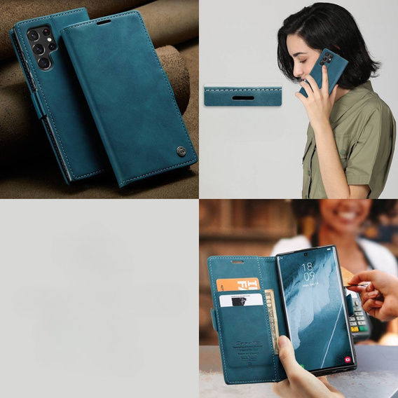 CASEME puzdro pre Samsung Galaxy S22 Ultra, Leather Wallet Case, zelený