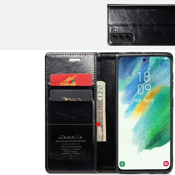 CASEME flipové puzdro pre Samsung Galaxy S21 FE, Waxy Textured, čierne