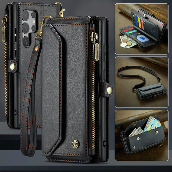 Puzdro CASEME pre Samsung Galaxy S25 Ultra, RFID Leather Wallet, s popruhom cez rameno, čierne
