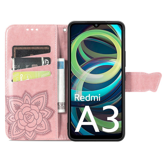 Klapkové puzdro pre Xiaomi Redmi A3, Butterfly, ružové rose gold