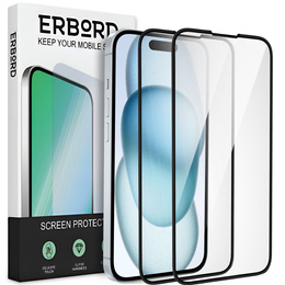2x tvrdené sklo pre iPhone 15, ERBORD 3D pre celý displej