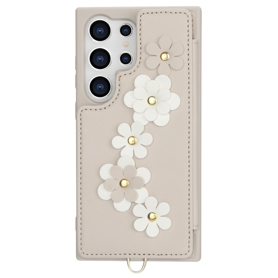 Puzdro pre Samsung Galaxy S24 Ultra, Leather Flower Card Slot, béžové