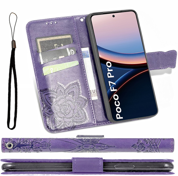 Klapkové puzdro pre Xiaomi Poco F7 Pro, Butterfly, fialové