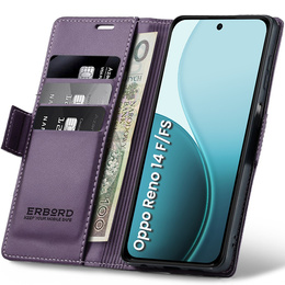 Puzdro pre Oppo Reno 14 F / 14 FS, ERBORD Glossy Litchi, flipová peňaženka, fialové