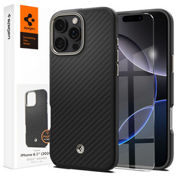 Puzdro Spigen pre iPhone 16 Pro, Enzo Aramid MagSafe, čierny uhlík / strieborná + tvrdené sklo 9H