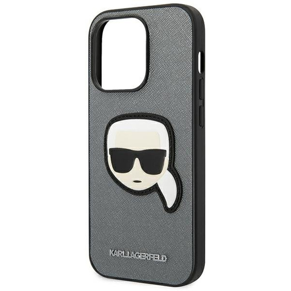 Karl Lagerfeld Obal na mobil pre iPhone 14 Pro, Saffiano Karl's Head Patch, strieborné