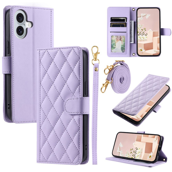 Puzdro s chlopňou pre iPhone 16 Plus, Rhombus Crossbody Leather, fialové
