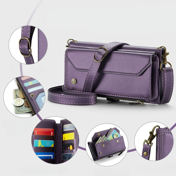Puzdro CASEME pre Samsung Galaxy S24 FE, RFID Leather Wallet, s popruhom cez rameno, fialové