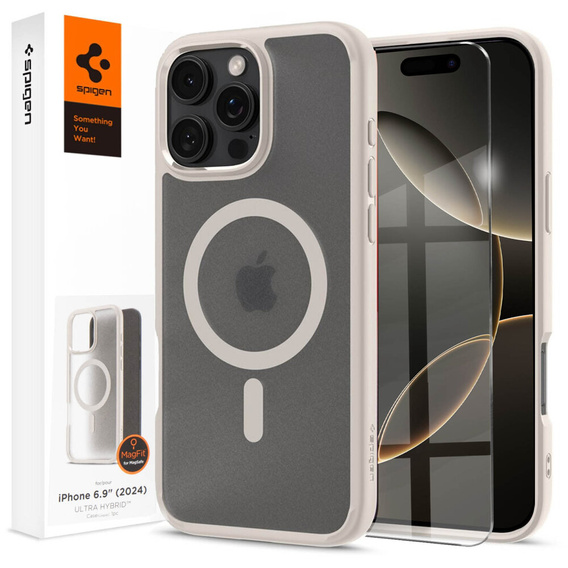 Puzdro MagSafe Spigen pre iPhone 16 Pro Max, Ultra Hybrid, transparentný / titánový + tvrdené sklo 9H