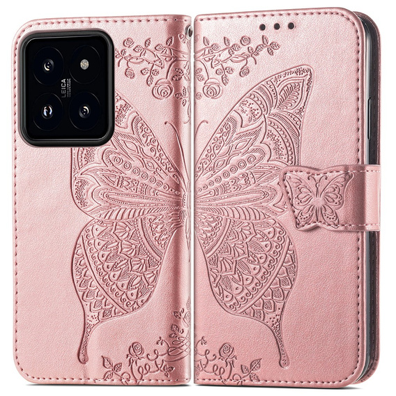 Klapkové puzdro pre Xiaomi 14T Pro, Butterfly, ružové rose gold