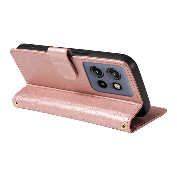 Puzdro s chlopňou pre Motorola Edge 50 Neo / Motorola ThinkPhone 25, Rhombus Crossbody Leather, ružové rose gold