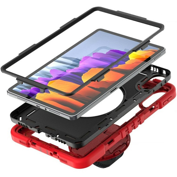 Pevné puzdro na Xiaomi Redmi Pad 2 s podstavcom a ramenným popruhom – červeno-čierne