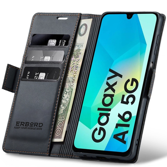 Puzdro pre Samsung Galaxy A16, ERBORD Glossy Litchi, flipová peňaženka, čierne