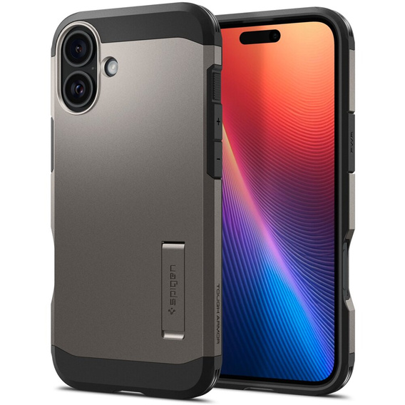 Puzdro Spigen pre iPhone 16, Tough Armor Mag MagSafe, sivé + tvrdené sklo 9H
