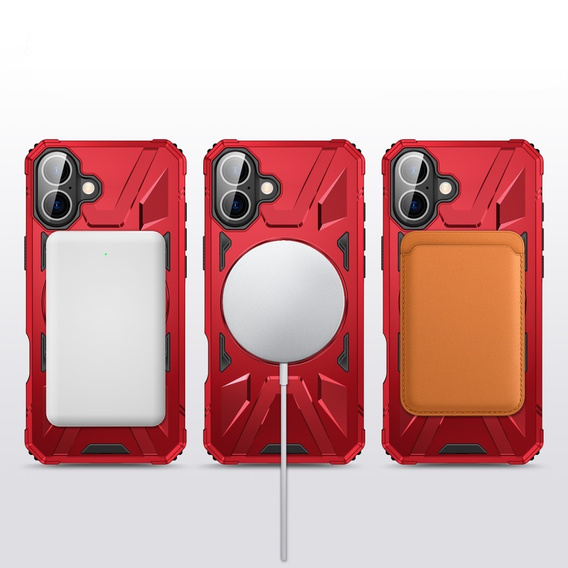 Puzdro pre iPhone 16, pancierované so stojanom a rukoväťou, červené