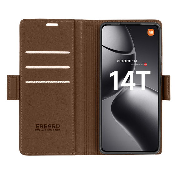 Puzdro pre Xiaomi 14T, ERBORD Glossy Litchi, flipová peňaženka, hnedé