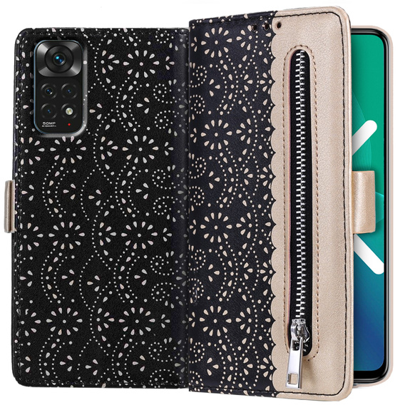 Klapkové puzdro pre Xiaomi Redmi Note 11 4G / Note 11S 4G, Wallet Pocket Zipper Lace, čierne