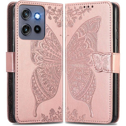 Klapkové puzdro pre Motorola Edge 50 Neo / Motorola ThinkPhone 25, Butterfly, ružové rose gold