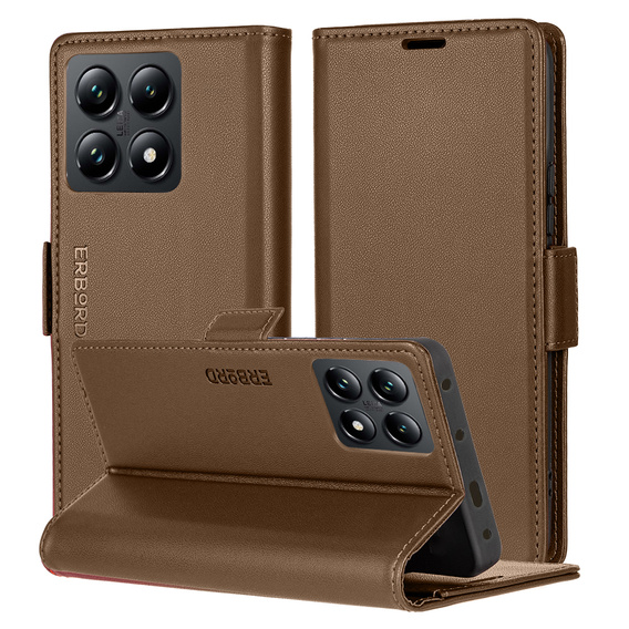 Puzdro pre Xiaomi 14T, ERBORD Glossy Litchi, flipová peňaženka, hnedé
