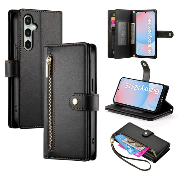 Klapkové puzdro pre Samsung Galaxy S24 FE, Wallet Zipper Pocket, čierne