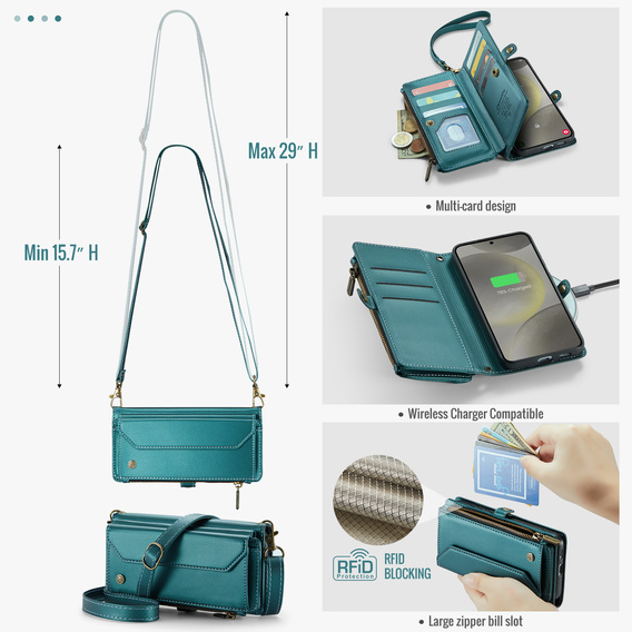 Puzdro CASEME pre Samsung Galaxy S25 FE, RFID Leather Wallet, s popruhom cez rameno, zelený
