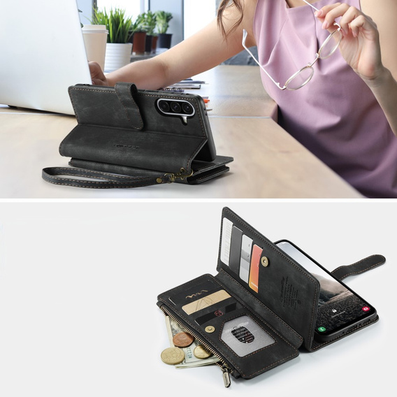 CASEME puzdro pre Samsung Galaxy A56 5G, Leather Wallet Cash and Card Slots, s remienkom, čierne