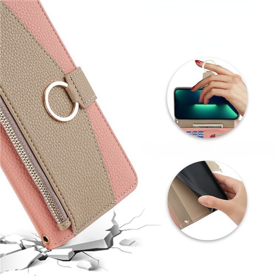 Flipové puzdro pre Samsung Galaxy A56 5G, Wallet Zipper Pocket, so zrkadlom, ružové