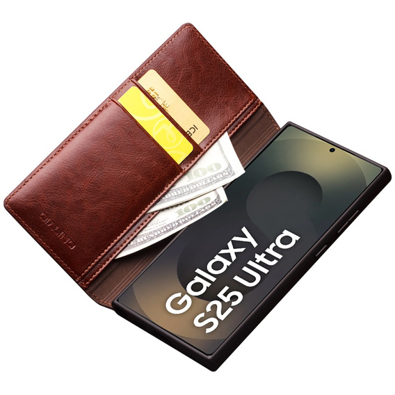 Flipové puzdro pre Samsung Galaxy S25 Ultra, QIALINO Leather Wallet, tmavohnedá