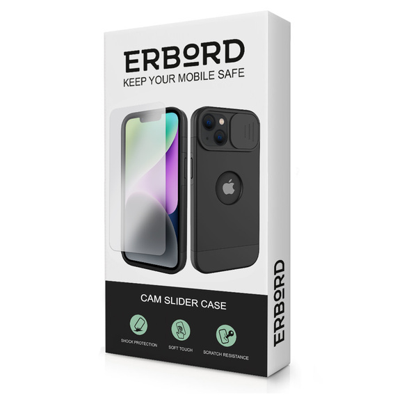 Puzdro ERBORD MagSafe Cam Slider, čierne + sklo na displej pre iPhone 13 / iPhone 14