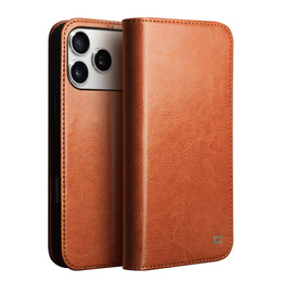 QIALINO Flipové puzdro z pravej hovädzej kože pre iPhone 17 Pro Max, hnedé
