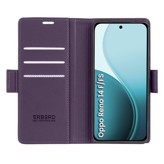 Puzdro pre Oppo Reno 14 F / 14 FS, ERBORD Glossy Litchi, flipová peňaženka, fialové