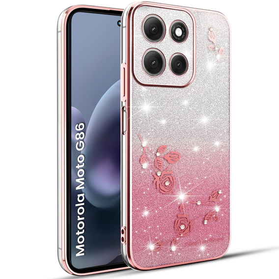 Puzdro pre Motorola Moto G86 5G, Glitter Flower, ružové rose gold