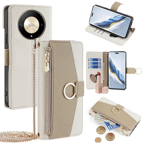 Flipové puzdro pre Honor Magic 6 Lite 5G, Wallet Zipper Pocket, so zrkadlom, biele