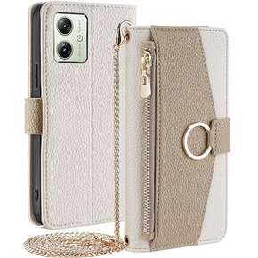 Flipové puzdro pre Motorola Moto G54 5G, Wallet Zipper Pocket, so zrkadlom, biele