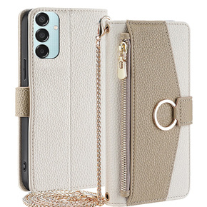 Flipové puzdro pre Samsung Galaxy M15 5G, Wallet Zipper Pocket, so zrkadlom, biele