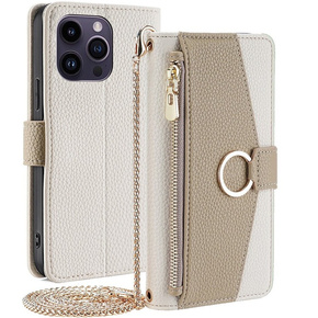 Flipové puzdro pre iPhone 15 Pro, Wallet Zipper Pocket, so zrkadlom, biele