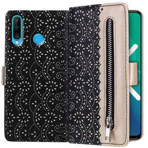 Klapkové puzdro pre Huawei P30 Lite, Wallet Pocket Zipper Lace, čierne