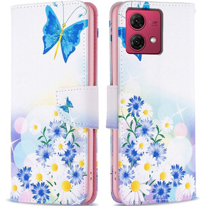 Klapkové puzdro pre Motorola Moto G84 5G, peňaženka, motýľ a kvety, biele