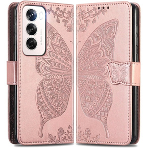 Klapkové puzdro pre Oppo Reno 12, Butterfly, ružové rose gold