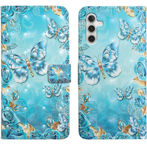 Klapkové puzdro pre Samsung Galaxy A05s, Wallet, Blue Gold Butterflies, modré