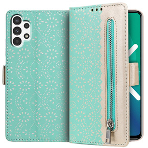 Klapkové puzdro pre Samsung Galaxy A13 4G, Wallet Pocket Zipper Lace, zelený