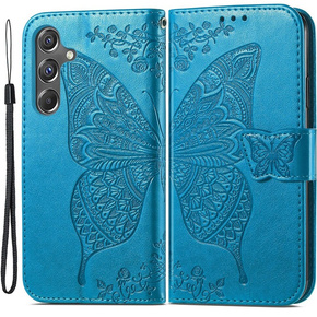 Klapkové puzdro pre Samsung Galaxy A15, Butterfly Flower, modré + 9H sklo